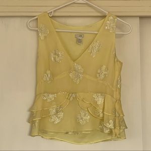 cool silk top for special events! creamy yellow with metallic thread flowers!